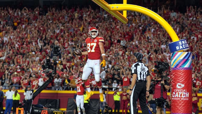 Chiefs' Travis Kelce celebrates after a TD vs. the Las Vegas Raiders at Arrowhead Stadium in Kansas City, Missouri.