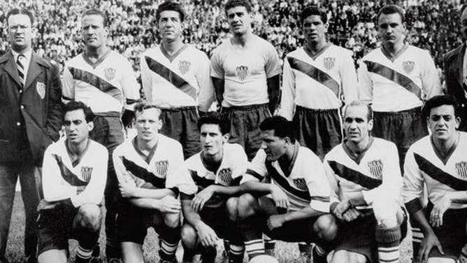 The U.S. team from 1950: (back row, L-R) manager Chubby Lyons, Joe Maca, Charlie Colombo, Frank Borghi, Harry Keough, Walter Bahr, coach Bill Jeffrey; (front row, L-R) Frank Wallace, Ed McIlvenny, Gino Pariani, Joe Gaetjens, John Souza, Ed Souza.