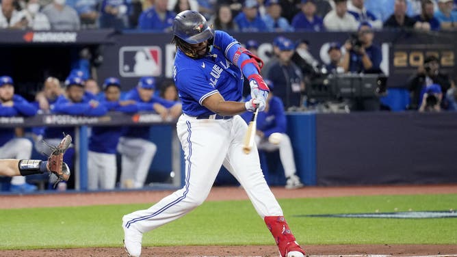 Guerrero hits a single to center-field vs the Mariners in Game 2 of the American League Wild Card Series at Rogers Centre in Toronto, Ontario.