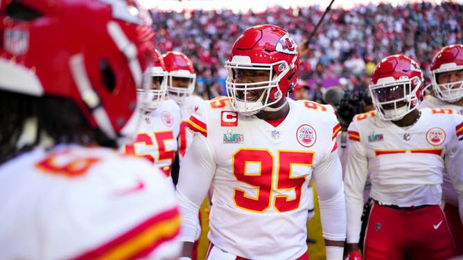 Jones leads the pregame huddle against the Philadelphia Eagles prior to Super Bowl LVII at State Farm Stadium in Glendale, Arizona.