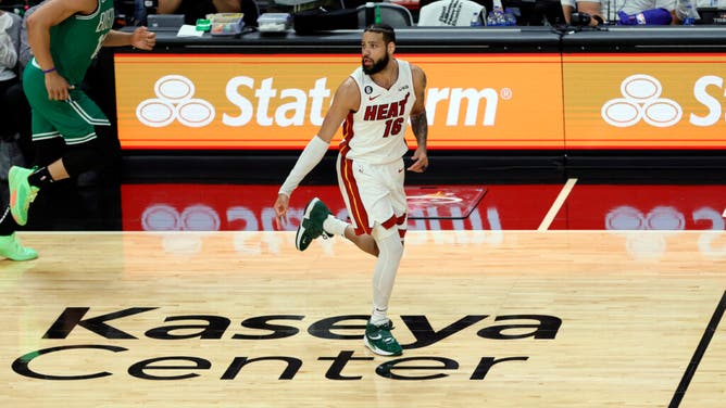 Heat F Caleb Martin reacts in the 1st quarter vs. the Boston Celtics Game 4 of the 2023 Eastern Conference Finals at Kaseya Center in Miami.