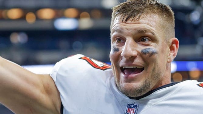 Rob Gronkowski, #87 of the Tampa Bay Buccaneers, is seen following the game against the Indianapolis Colts at Lucas Oil Stadium on Nov. 28, 2021 in Indianapolis.