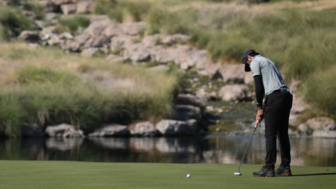 Aaron Rai putts on the 17th green during the 1st round of the Shriners Children's Open at TPC Summerlin.