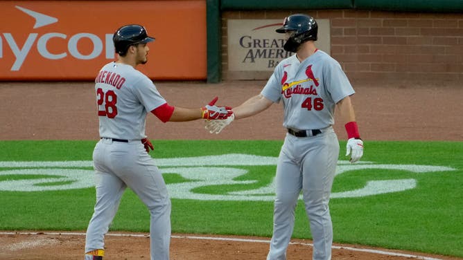 Arenado and Goldschmidt celebrate after Arenado HR vs. the Cincinnati Reds at Great American Ball Park in Cincinnati, Ohio.