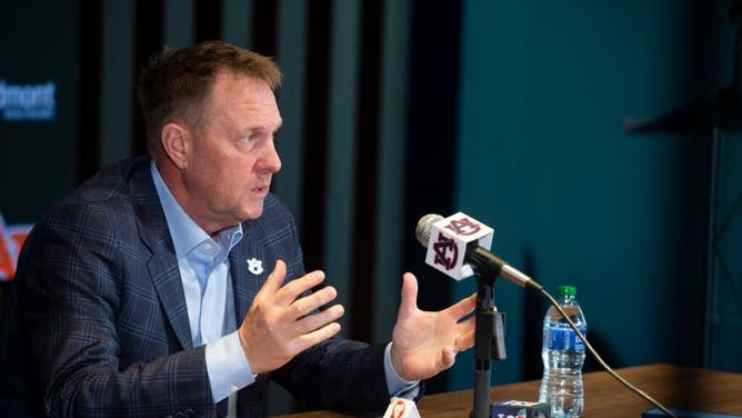 Auburn head coach Hugh Freeze is interviewed at the Woltosz Football Performance Center in Auburn, Alabama.