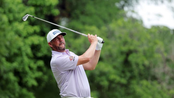 Michael Block hits his first shot on the 8th hole during the first round of the Charles Schwab Challenge at Colonial Country Club.