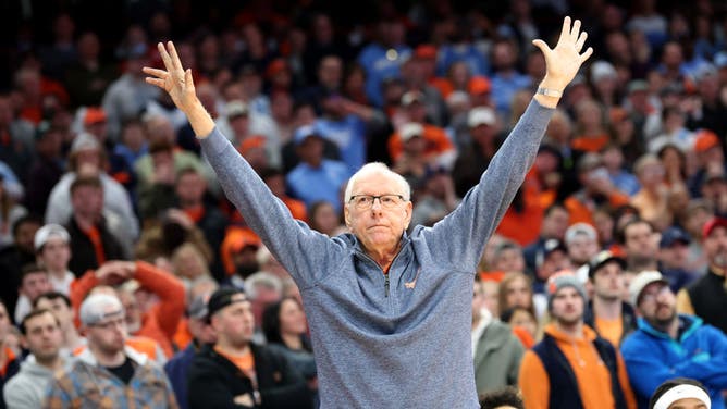 Syracuse coach Jim Boeheim reacts during the 2nd half vs. North Carolina at JMA Wireless Dome in Syracuse, New York.