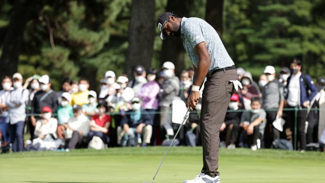 Sahith Theegala putts on the 9th green during the 3rd round of the 2020 ZOZO Championship at Accordia Golf Narashino Country Club in Japan.