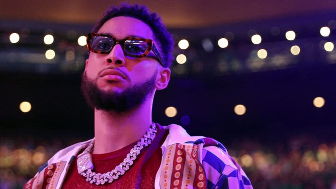 Ben Simmons stands for the singing of the national anthem before Game Two of the Eastern Conference First Round NBA Playoffs