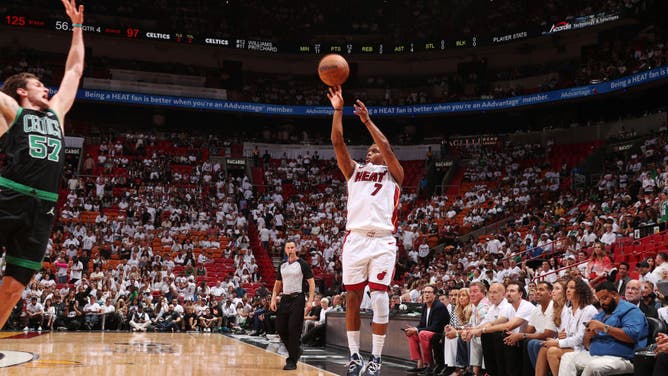 Heat PG Kyle shoots a 3-pointer in Game 3 of the 2023 ECF vs. the Celtics.
