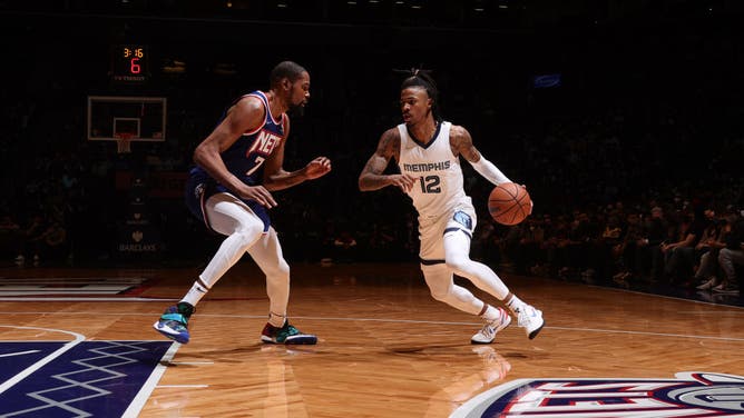 Brooklyn Nets All-Star Kevin Durant defending Memphis Grizzlies All-Star Ja Morant at Barclays Center in Brooklyn.