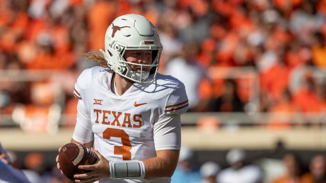 Texas Longhorns quarterback Quinn Ewers looks to pass against Oklahoma State.