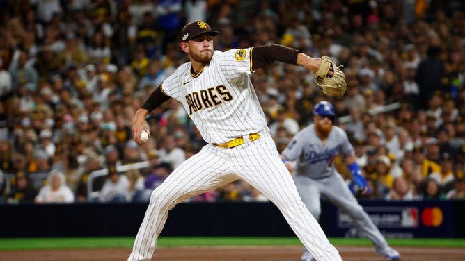 San Diego Padres' Joe Musgrove dealing against the Los Angeles Dodgers in the NLDS at Petco Park.