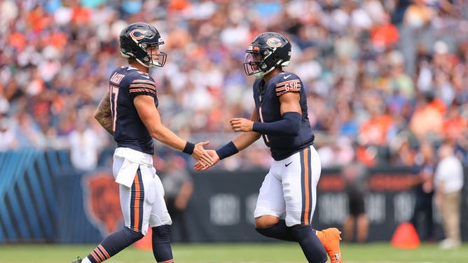 Chicago Bears quarterbacks Tyson Bagent and Justin Fields.