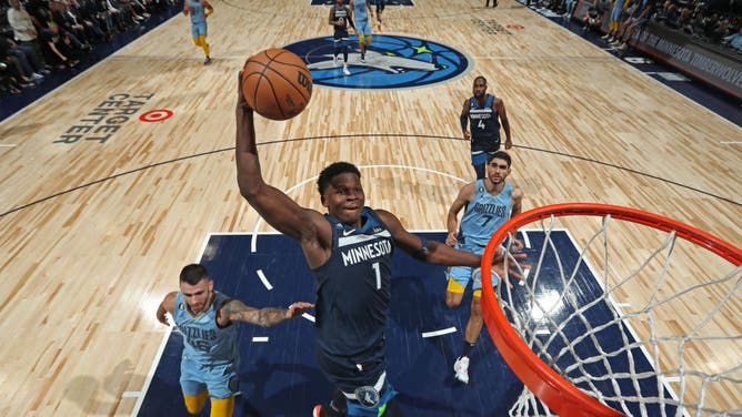 Timberwolves wing Anthony Edwards cramming vs. the Grizzlies at Target Center in Minneapolis.