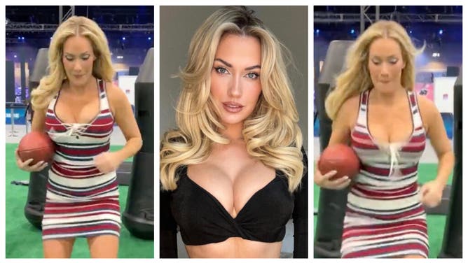 Instagram sensation Paige Spiranac shows off football skills. (Credit: Instagram and Twitter Video Screenshot/https://twitter.com/PaigeSpiranac/status/1623459821784801280)