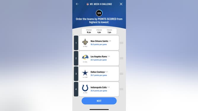 Question #2 in the FOX Super 6 NFL contest for Week 8 courtesy of the FOX Sports App.