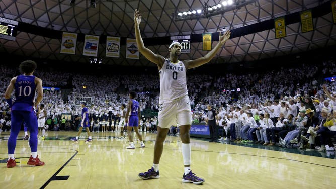 Baylor Bears C Flo Thamba celebrates as the Bears beat the Kansas Jayhawks at Ferrell Center in Waco, Texas.