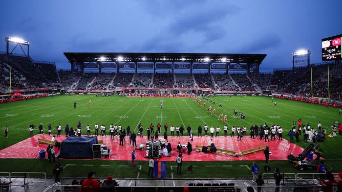 A general view of the opening kickoff of the XFL game between the DC Defenders and the Vegas Vipers at Audi Field on March 12, 2023 in Washington, DC.