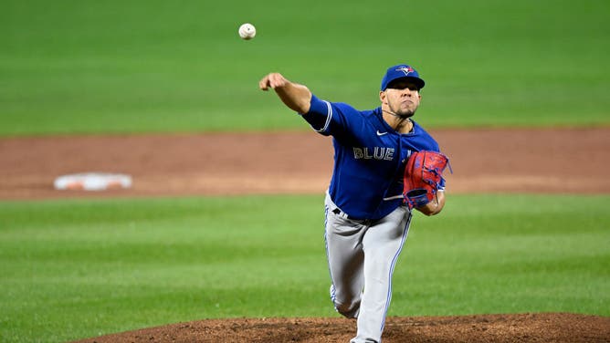 Jose Berrios pitches against the Orioles at Oriole Park at Camden Yards in Baltimore, Maryland.