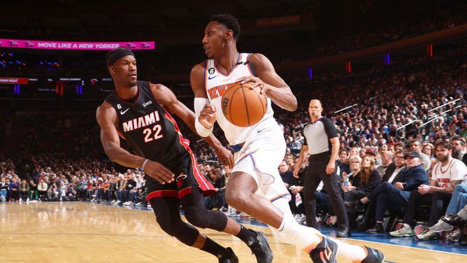 Knicks SF RJ Barrett drives to the hoop on Butler during Game 5 of the NBA Eastern Conference Semifinals 2023 at Madison Square Garden.