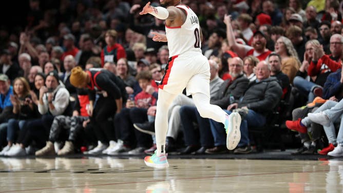 Portland Trail Blazers PG Damian Lillard celebrates after scoring a basket against the Detroit Pistons at Moda Center in Portland, Oregon.