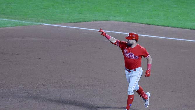 Philadelphia Phillies DH Kyle Schwarber rounds the bases after hitting a 3-run HR vs. the New York Mets at Citi Field.