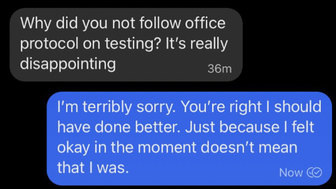 Text messages showing an employee fired for having COVID