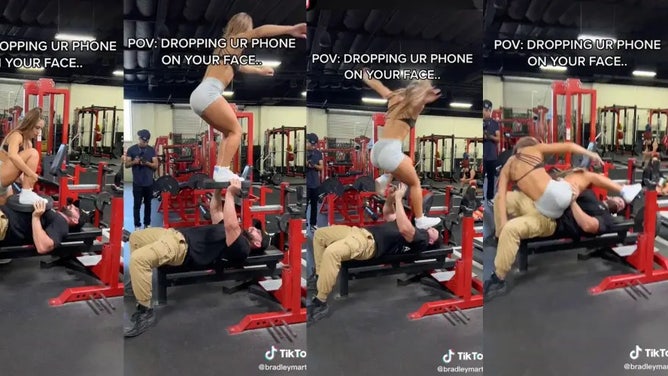 Angelina Maldonado smashes fitness guru Bradley Martyn's face during a gym stunt gone wrong