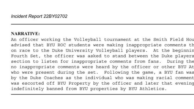 Police report obtained by OutKick from the BYU police department that contradicts the account of Duke volleyball player Rachel Richardson.