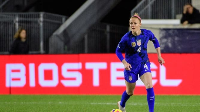Becky Sauerbrunn, #4 of the United States, advances the ball before a game between Germany and USWNT at Red Bull Arena on Nov. 13, 2022 in Harrison, New Jersey.