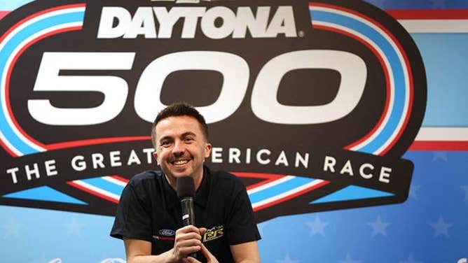 Frankie Muniz speaks to the media during the NASCAR Cup Series 65th Annual Daytona 500 Media Day at Daytona International Speedway Feb. 15, 2023, in Daytona Beach, Fla.