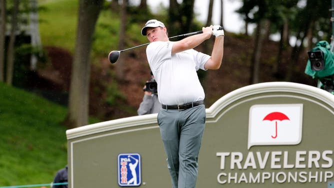 Sepp Straka drives from the 18th tee during the 2nd Round of the 2019 Travelers Championship at TPC River Highlands.