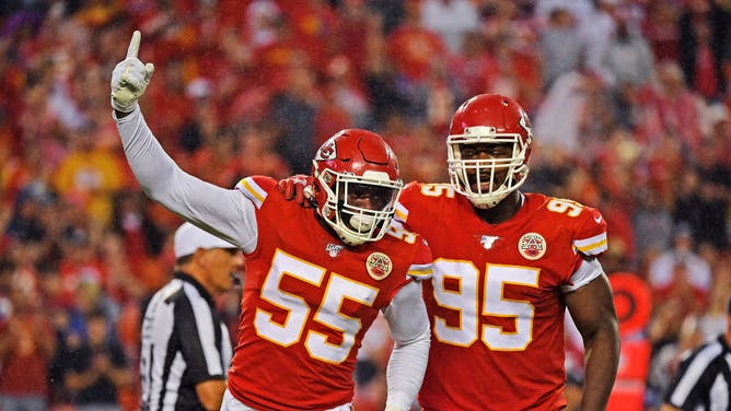 Chiefs DE Frank Clark celebrates with DT Chris Jones after sacking Niners QB Jimmy Garoppolo in a preseason game at Arrowhead Stadium in Kansas City, Missouri.