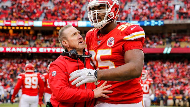 Chiefs defensive coordinator Steve Spagnuolo congratulates DT Chris Jones after a 4th quarter sack vs. the Los Angeles Chargers at Arrowhead Stadium in Kansas City, Missouri.