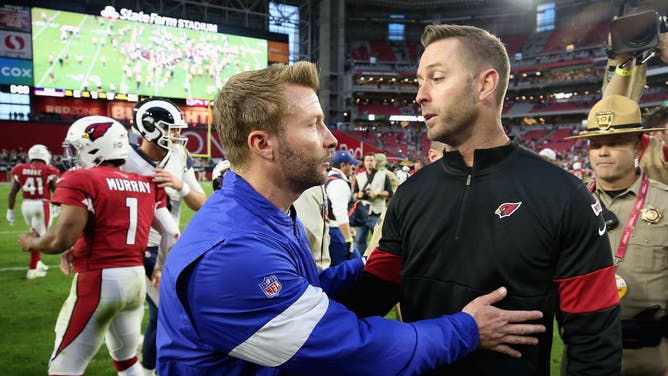 Los Angeles Rams head coach Sean McVay and Arizona Cardinals Kliff Kingsbury shake hands following a Rams' whooping of the Cardinals at State Farm Stadium in Glendale, Arizona.