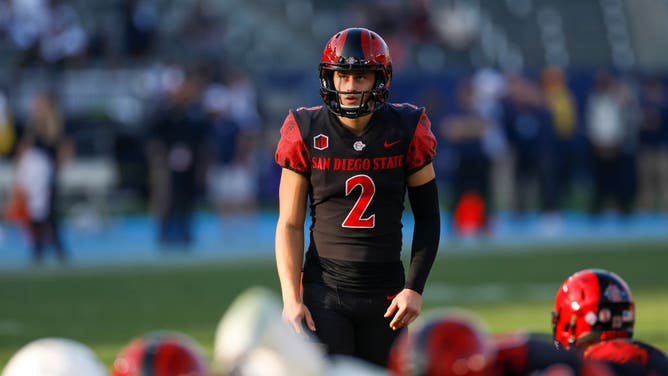 San Diego State Aztecs place kicker Matt Araiza kicks an extra point during the Mountain West Championship in 2021.