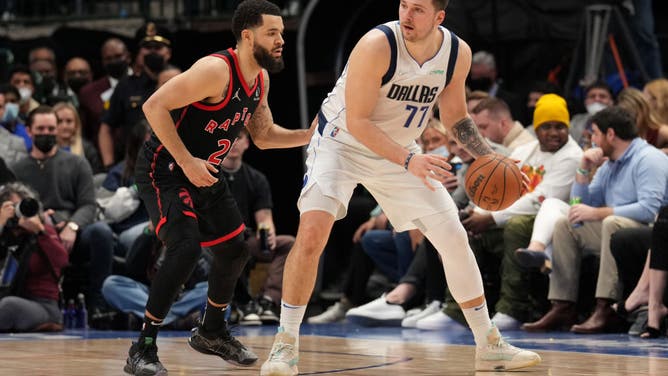 Toronto Raptors PG Fred VanVleet defends Dallas Mavericks PG Luka Doncic at the American Airlines Center in Dallas.