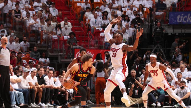 Bam Adebayo defends Trae Young in Game 1 of the 2022 NBA Playoffs at FTX Arena in Miami.