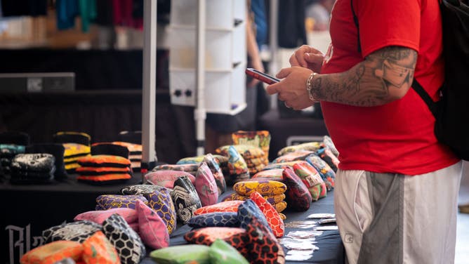A table of beanbags for sale at the American Cornhole League World Championships.