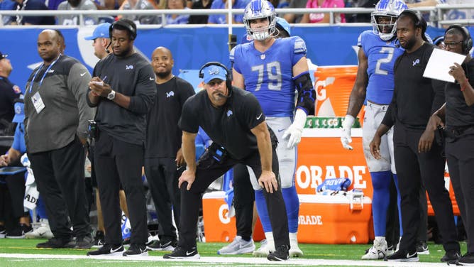 Detroit Lions coach Dan Campbell watched the action of the Philadelphia Eagles vs. the Lions at Ford Field in Detroit.