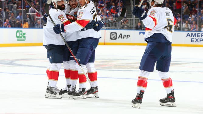 The Florida Panthers celebrate a goal against the Islanders immediately following a