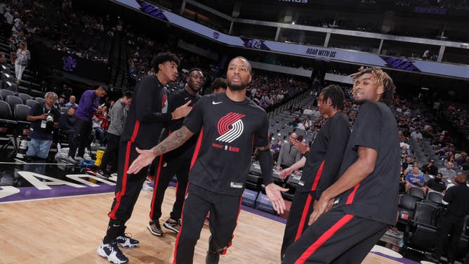 Portland Trail Blazers Damian Lillard gets introduced into the starting lineup against the Sacramento Kings.