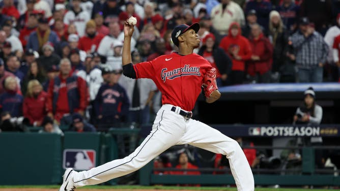 Guardians RHP Triston McKenzie pitches in the 1st inning  vs. the New York Yankees at Progressive Field in Cleveland.