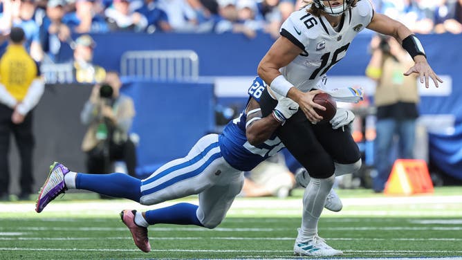 Trevor Lawrence gets sacked in an NFL game against the Indianapolis Colts.