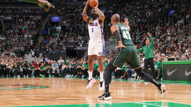 James Harden chucks a 3-pointer vs. the Celtics at the TD Garden in Boston.