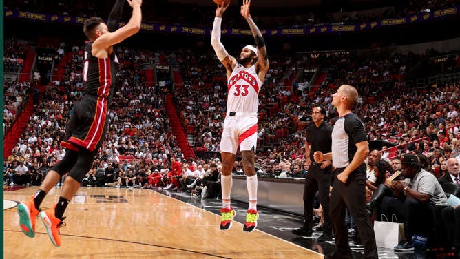 Toronto Raptors SG Gary Trent Jr. shoots a 3-pointer against the Miami Heat at FTX Arena in Miami.