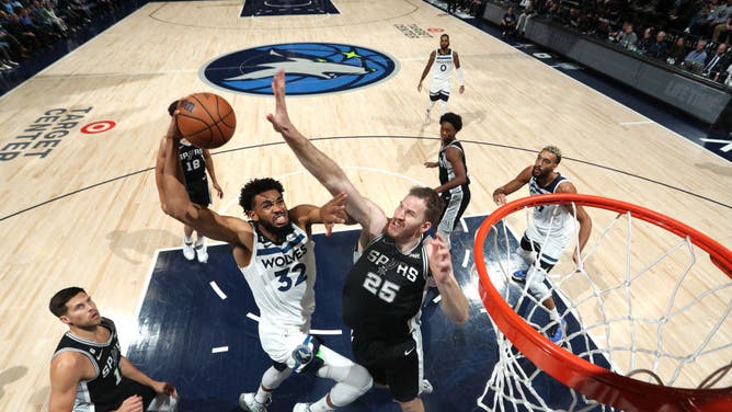 Minnesota Timberwolves big Karl-Anthony Towns cramming on San Antonio Spurs big Jakob Poeltl at the Target Center in Minneapolis.