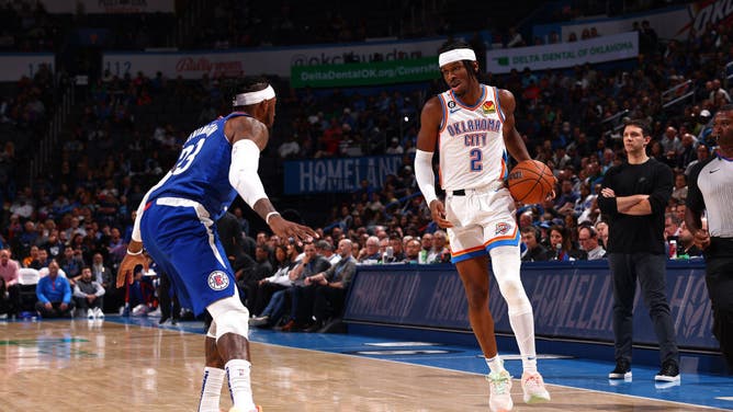 Oklahoma City Thunder G Shai Gilgeous-Alexander handles the ball against the Los Angeles Clippers at Paycom Arena in Oklahoma City.