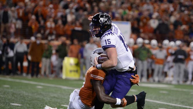 Texas Longhorns DB Ryan Watts sacks TCU Horned Frogs QB Max Duggan at Darrell K Royal - Texas Memorial Stadium in Austin, Texas.